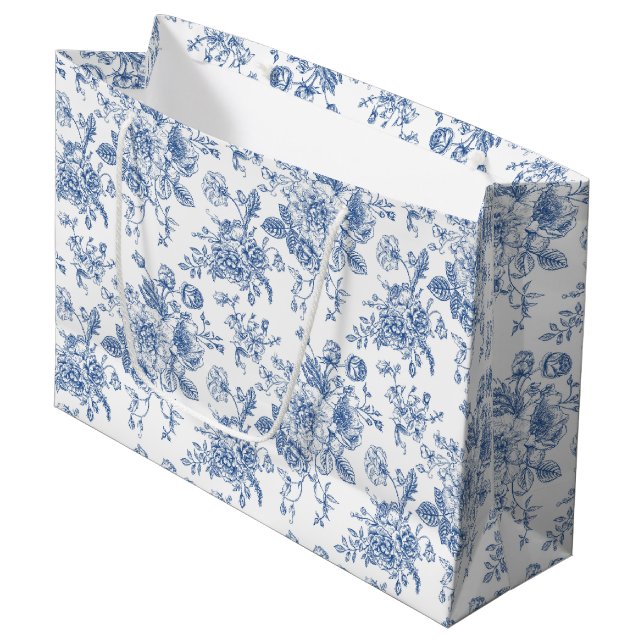 Grand Sac Cadeau Motif de fleurs bleues (Devant Angle)