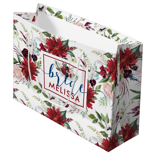 Grand Sac Cadeau Motif de fleurs bordeaux et bleu marine (Devant Angle)