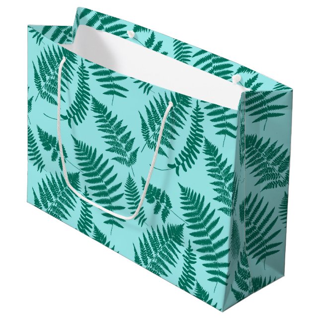 Grand Sac Cadeau Motif de fougères boisées, Turquoise et Aqua (Devant Angle)