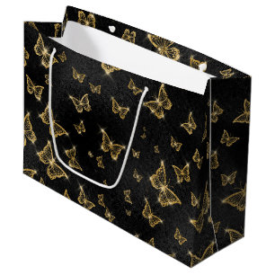Grand Sac Cadeau Motif de glam or et papillons noirs