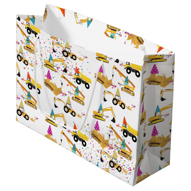 Grand Sac Cadeau Motif de la fête des camions de construction (Devant Angle)