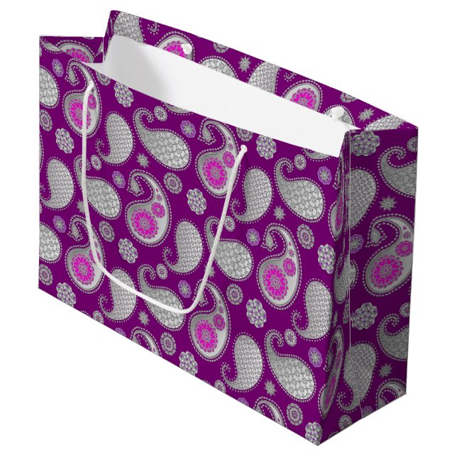 Grand Sac Cadeau Motif de marguerite, gris argenté / gris sur viole (Devant Angle)