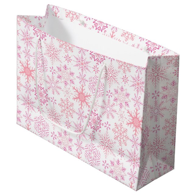 Grand Sac Cadeau Motif de neige rose (Devant Angle)