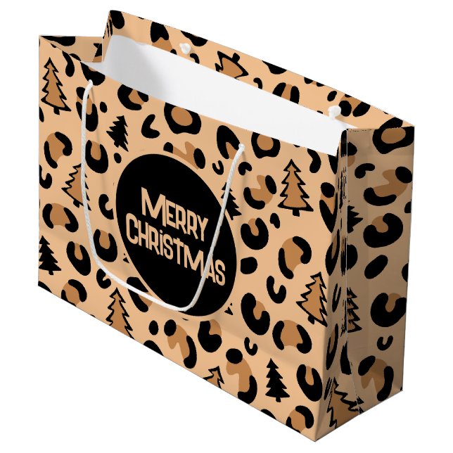 Grand Sac Cadeau Motif de Noël Empreinte de léopard (Devant Angle)