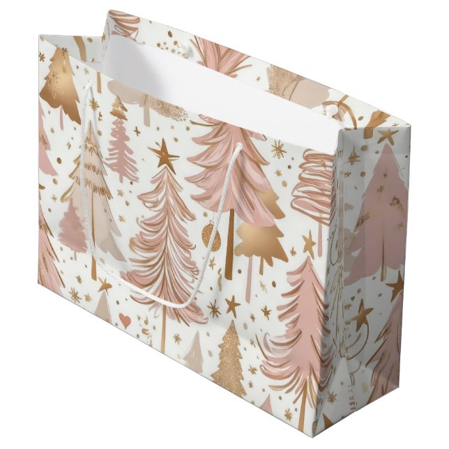 Grand Sac Cadeau Motif de Noël en or rose pâle (Devant Angle)