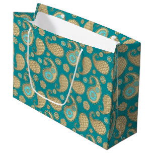 Grand Sac Cadeau Motif de Paisley, or mol sur la turquoise