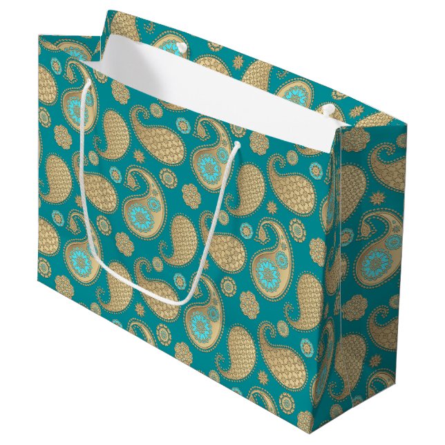 Grand Sac Cadeau Motif de Paisley, or mol sur la turquoise (Devant Angle)