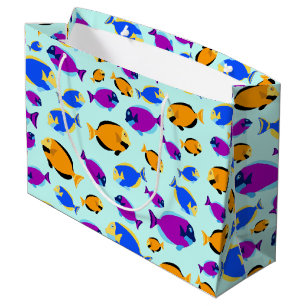 Grand Sac Cadeau Motif de poissons tropicaux colorés en Mer Bleue