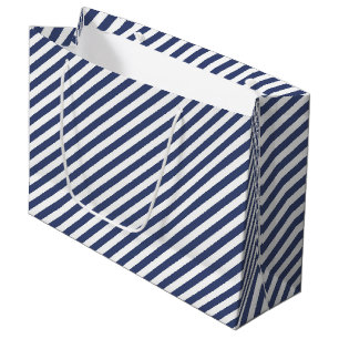 Grand Sac Cadeau Motif de rayures diagonales bleu marine et blanc