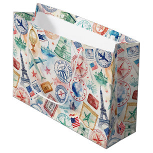 Grand Sac Cadeau Motif de tampon de voyage du monde vintage (3)