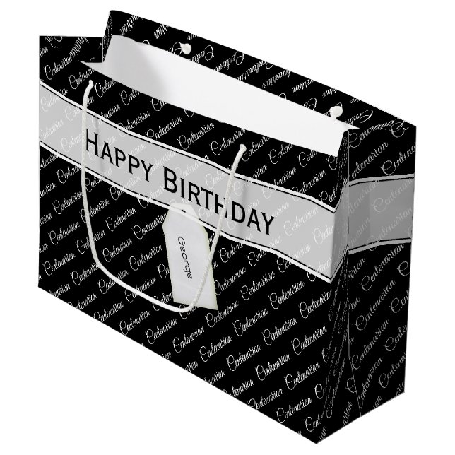 Grand Sac Cadeau Motif de typographie noir/blanc Centenaire - 100e (Devant Angle)