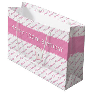 Grand Sac Cadeau Motif de typographie rose/blanc centenaire - 100e