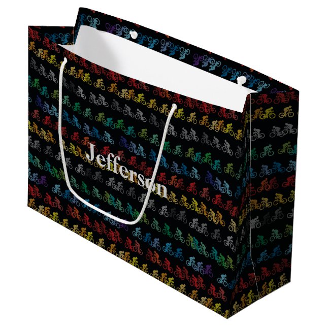 Grand Sac Cadeau Motif de vélo coloré sur noir (Devant Angle)