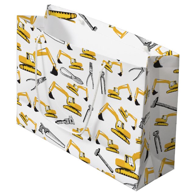 Grand Sac Cadeau Motif des camions et des outils de construction de (Devant Angle)