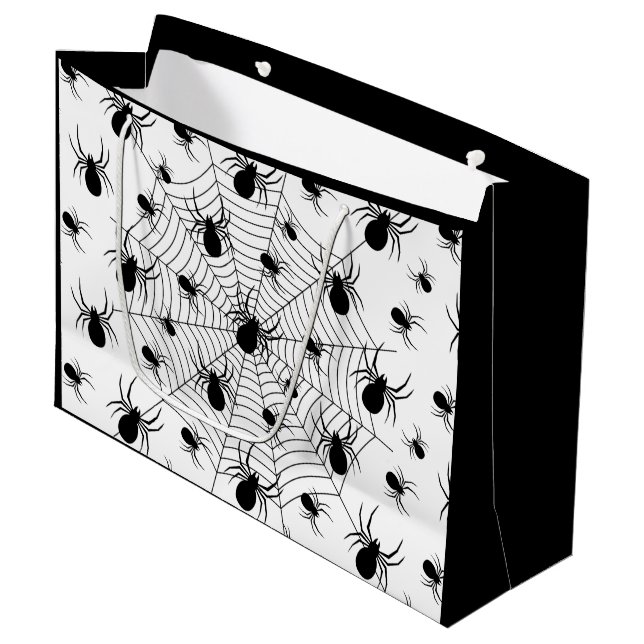 Grand Sac Cadeau Motif d'Halloween Black White araignées (Devant Angle)