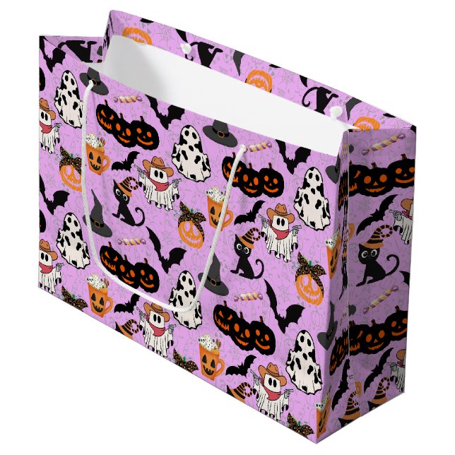 Grand Sac Cadeau Motif d'Halloween. Éffrayant et mignon L Violet BG (Devant Angle)
