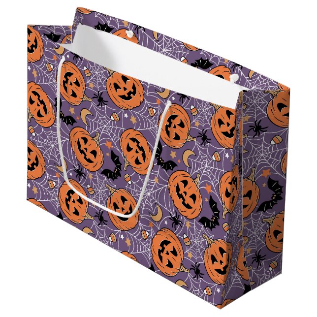 Grand Sac Cadeau Motif d'Halloween violet Jack-O-lanterne (Devant Angle)