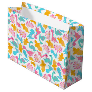 Grand Sac Cadeau Motif Dinosaur rose et Turquoise