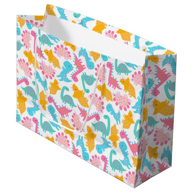 Grand Sac Cadeau Motif Dinosaur rose et Turquoise (Devant Angle)