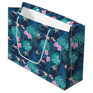 Grand Sac Cadeau Motif du Jardin des Fleurs Tropicales Bleues