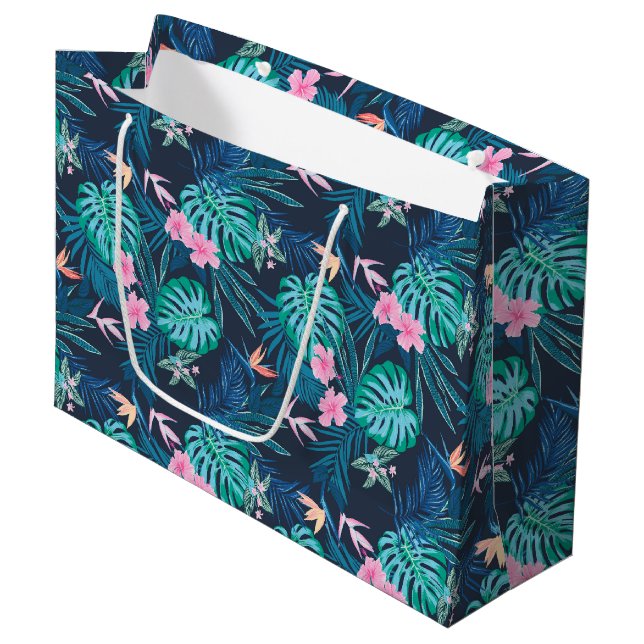 Grand Sac Cadeau Motif du Jardin des Fleurs Tropicales Bleues (Devant Angle)