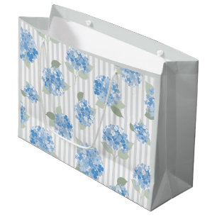 Grand Sac Cadeau Motif élégant d'hortensia bleu avec rayure grise