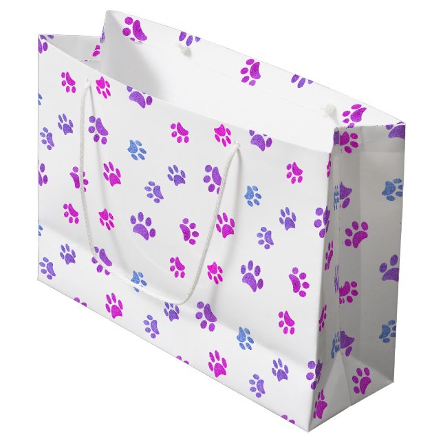 Grand Sac Cadeau Motif Empreinte de patte rose violet bleu (Devant Angle)