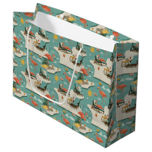 Grand Sac Cadeau Motif Estival Rétro Flamingo au Bord de la Piscine