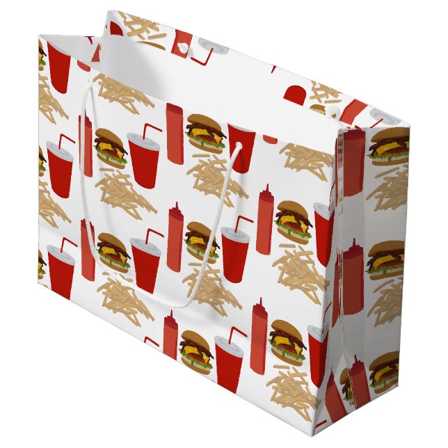 Grand Sac Cadeau Motif Fast Food Burger Fries (Devant Angle)
