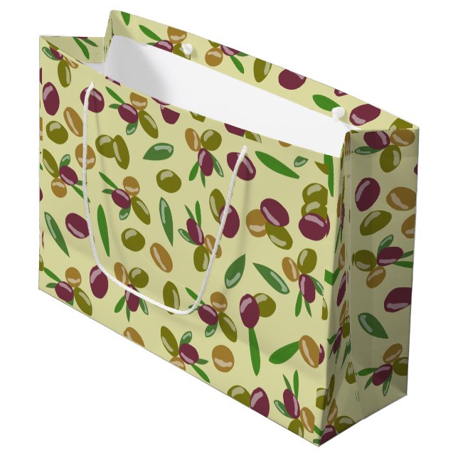 Grand Sac Cadeau Motif Feuille d'olive et d'olive rustique (Devant Angle)