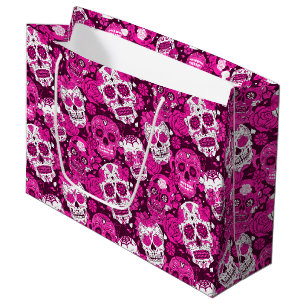 Grand Sac Cadeau Motif fleuri à crâne de sucre rose