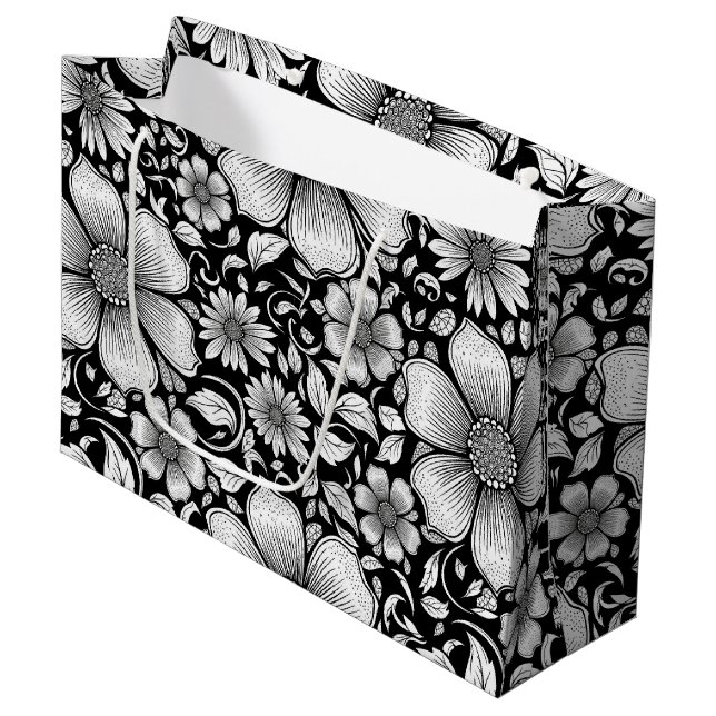 Grand Sac Cadeau Motif floral monochrome chic de luxe (6) (Devant Angle)