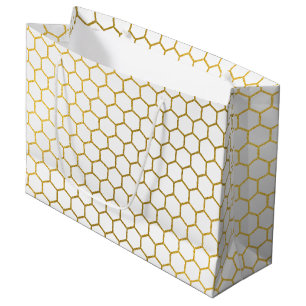 Grand Sac Cadeau Motif géométrique Hexagon blanc et or