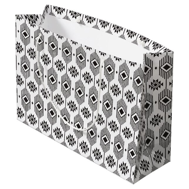 Grand Sac Cadeau Motif géométrique ikat noir et blanc (Dos Angle)