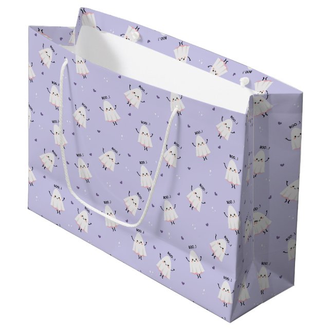 Grand Sac Cadeau Motif Ghost mignon avec "Boo !" Texte sur Lavender (Devant Angle)