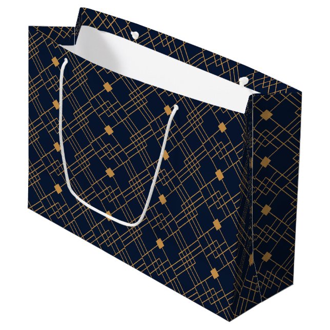 Grand Sac Cadeau Motif Gold art déco sur arrière - plan bleu foncé (Devant Angle)