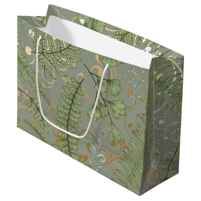 Grand Sac Cadeau Motif Green et Gold Fern (Devant Angle)