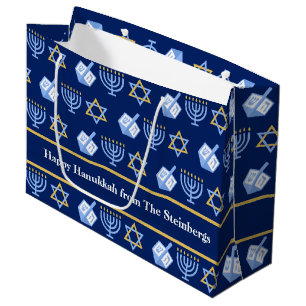 Grand Sac Cadeau Motif Hanoukka Blue Menorah Dreidel