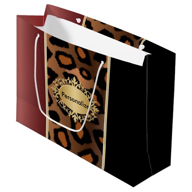 Grand Sac Cadeau Motif Léopard noir et grenat (Devant Angle)