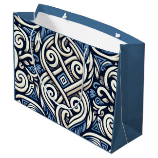 Grand Sac Cadeau Motif moderne grec bleu et blanc