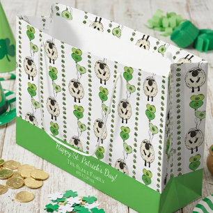 Grand Sac Cadeau Motif Mouton et Trèfles de la Saint-Patrick pour E