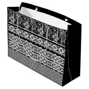 Grand Sac Cadeau Motif noir et blanc avec dentelle et patchwork