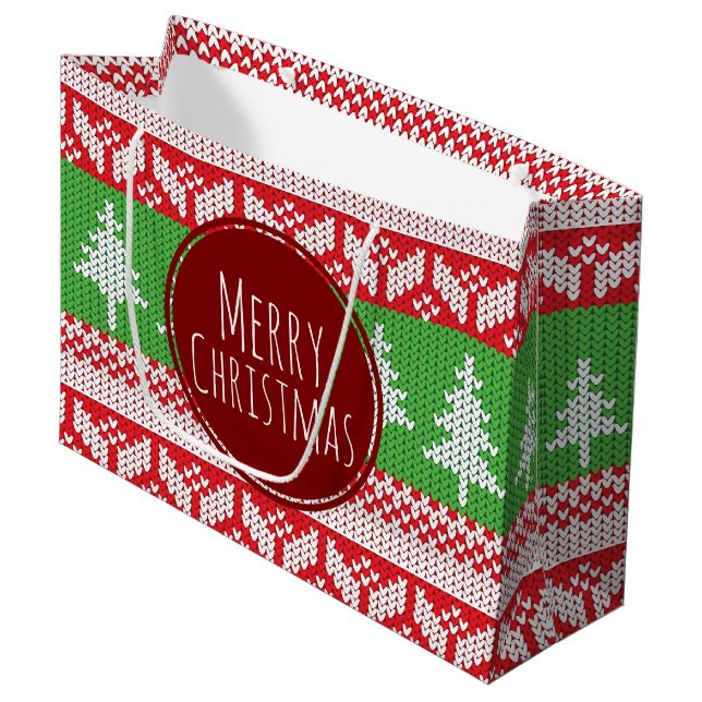 Grand Sac Cadeau Motif nordique d'arbres de Joyeux Noël (Devant Angle)