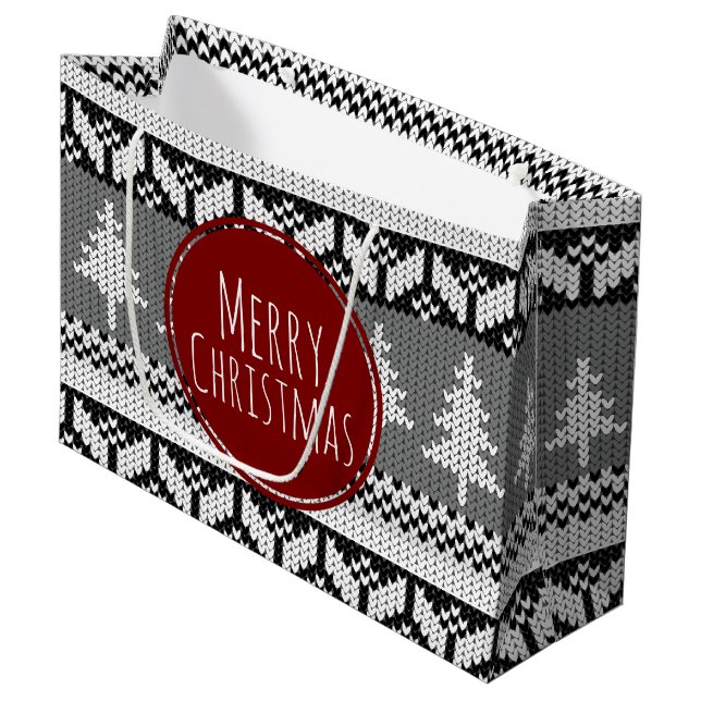 Grand Sac Cadeau Motif nordique gris d'arbres de Joyeux Noël (Devant Angle)