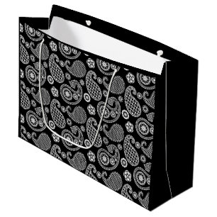 Grand Sac Cadeau Motif Paisley, noir et blanc