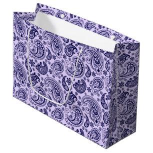 Grand Sac Cadeau Motif Paisley Vintage bleu foncé sur lavande