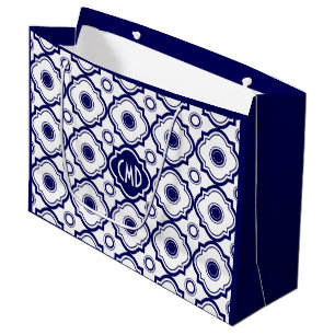 Grand Sac Cadeau Motif Quatrefoil Bleu et Blanc Monogramme