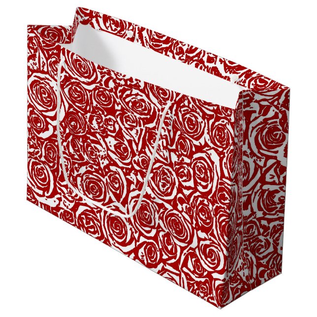 Grand Sac Cadeau Motif Rose Abstrait moderne, rouge foncé et blanc (Devant Angle)