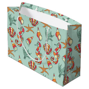 Grand Sac Cadeau Motif Seahorse et Seashell Turquoise