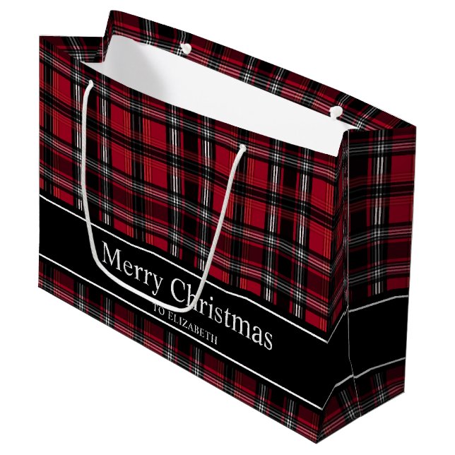 Grand Sac Cadeau Motif Tartan Rouge Et Noir Avec Texte (Devant Angle)